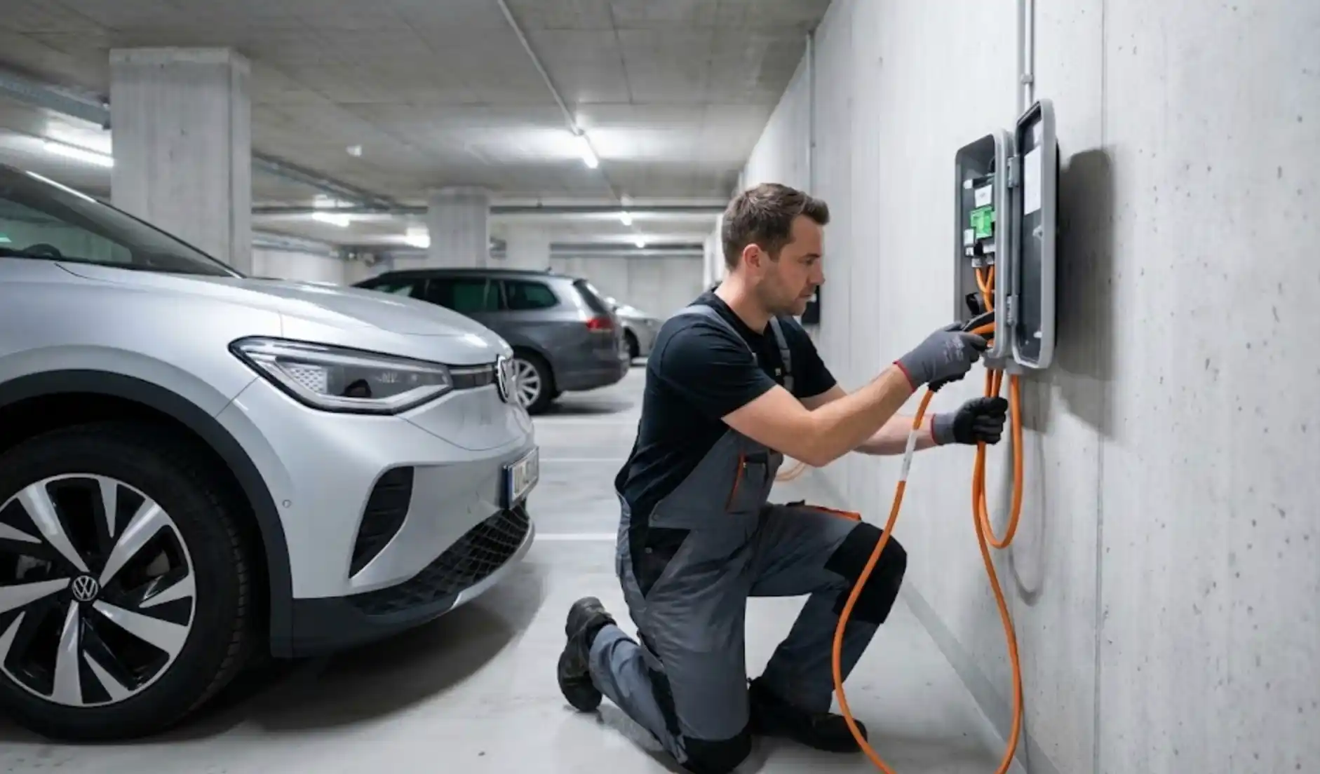 Elektriker installiert Wallbox-Ladestation für E-Auto in Wiener Tiefgarage – Elektriker Wien