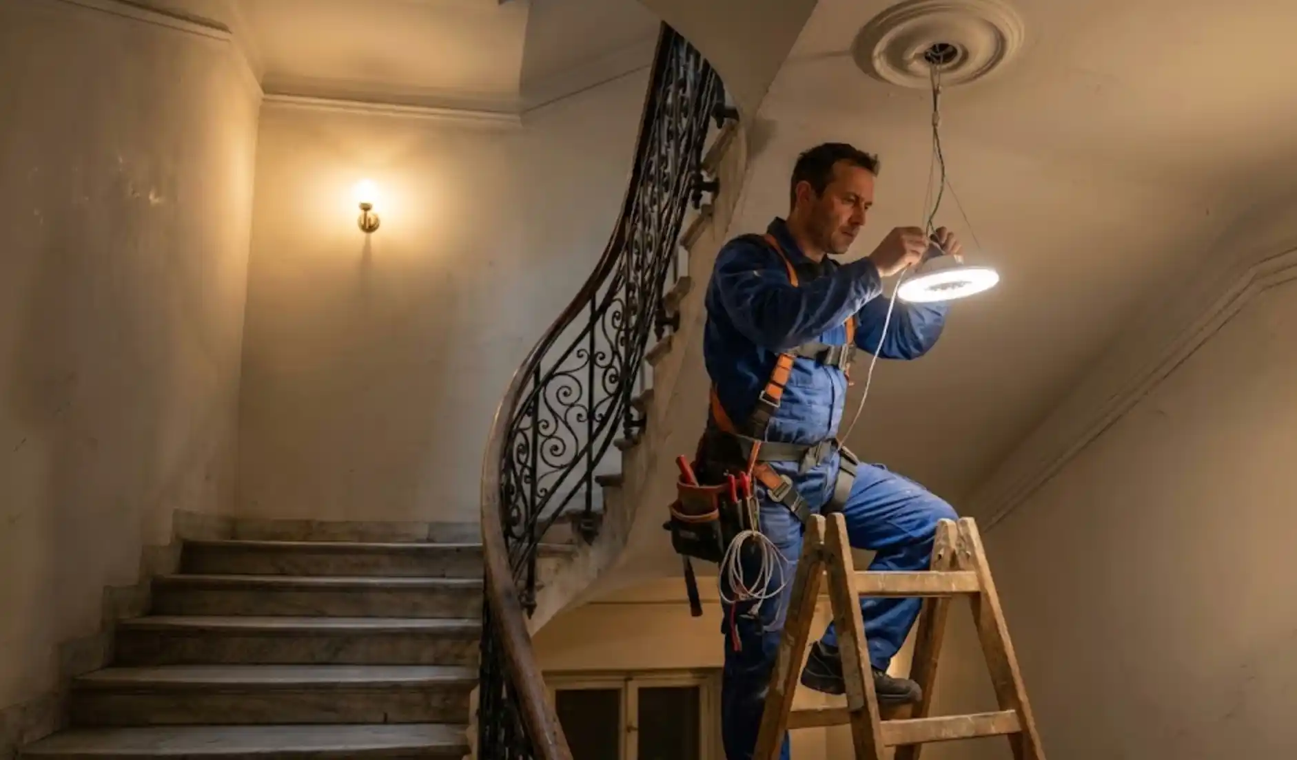 Elektriker montiert Deckenleuchte im Stiegenhaus eines Wiener Altbaus – Elektriker Wien