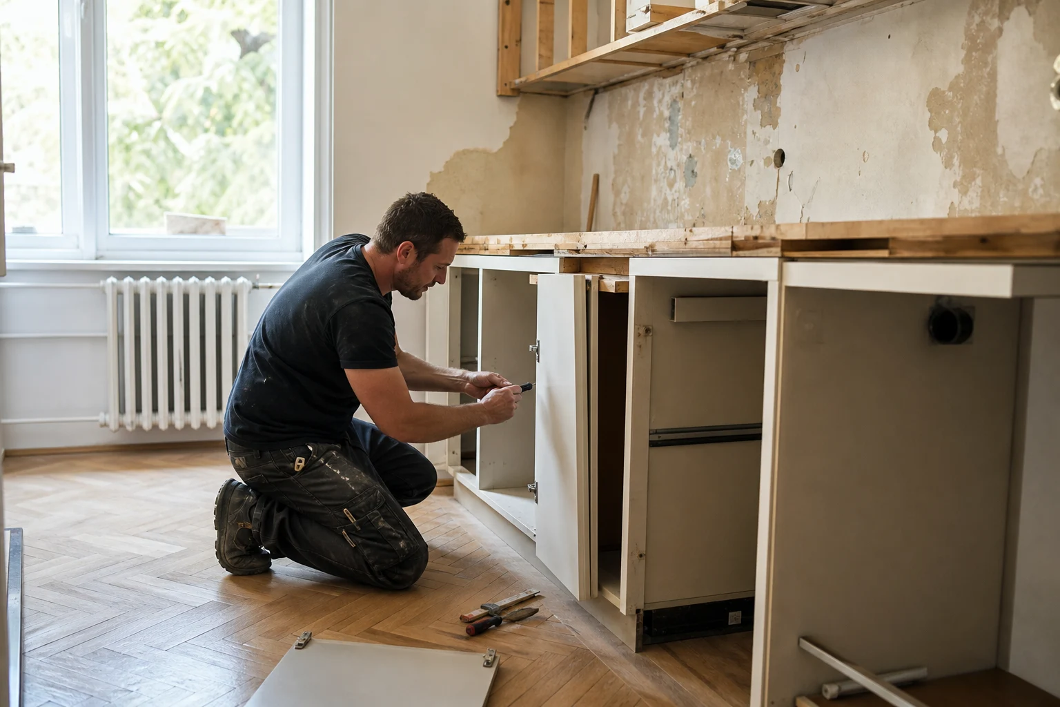 Demontage Wien – Monteur baut Küchenunterschränke in einer Wiener Altbauwohnung ab