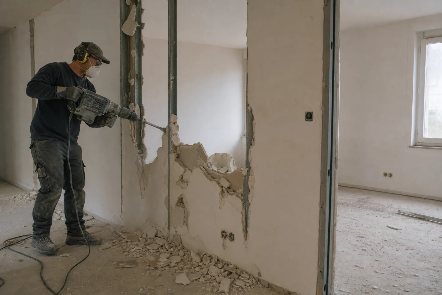 Demontage Wien – Arbeiter mit Schutzausrüstung bricht Trockenbau-Trennwand in Wiener Wohnung ab