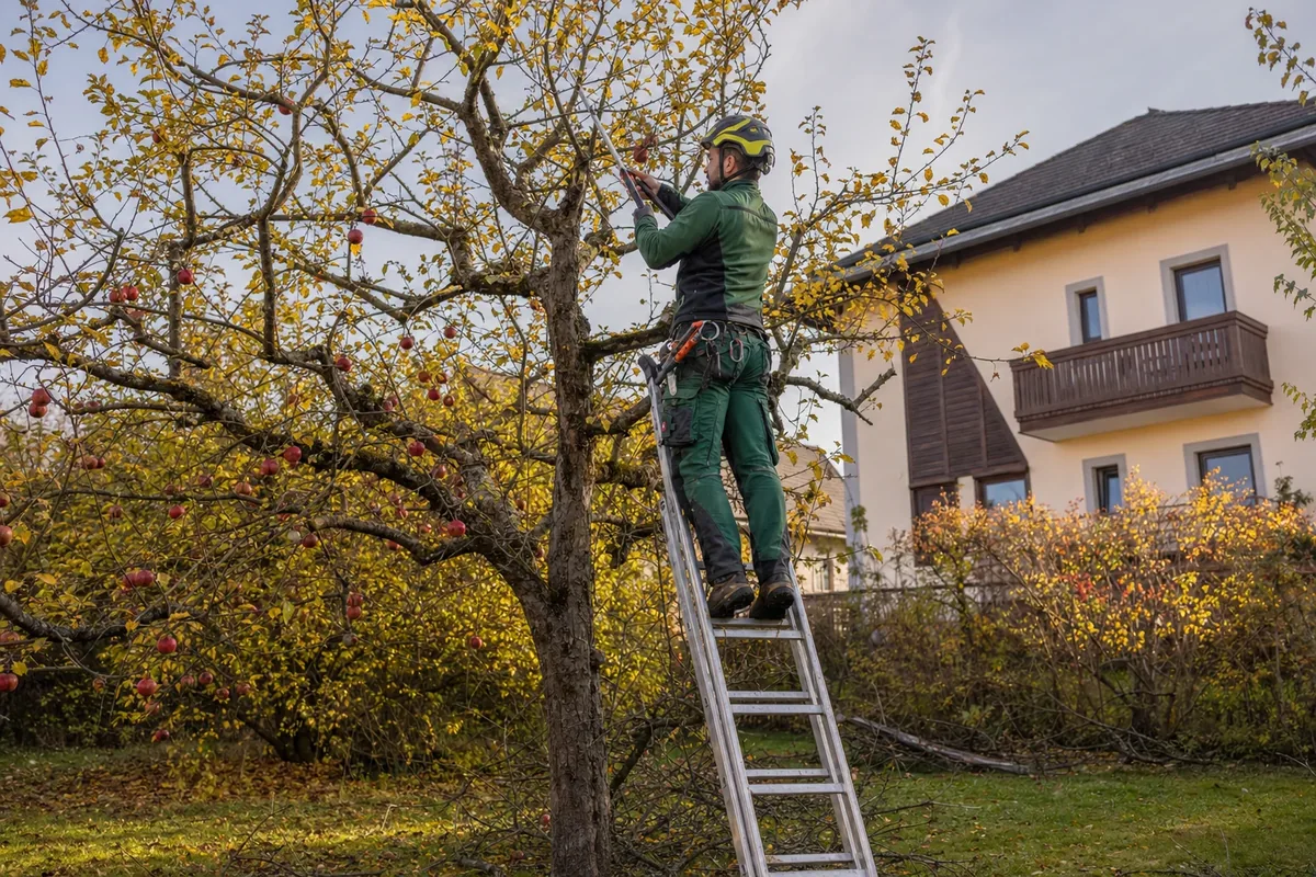 Gartenpflege Wien – Gärtner auf Leiter beim Obstbaumschnitt im österreichischen Hausgarten