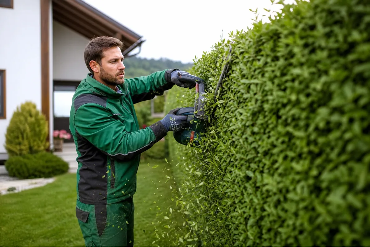 Gartenpflege Wien – Gärtner schneidet hohe grüne Hecke mit elektrischer Heckenschere