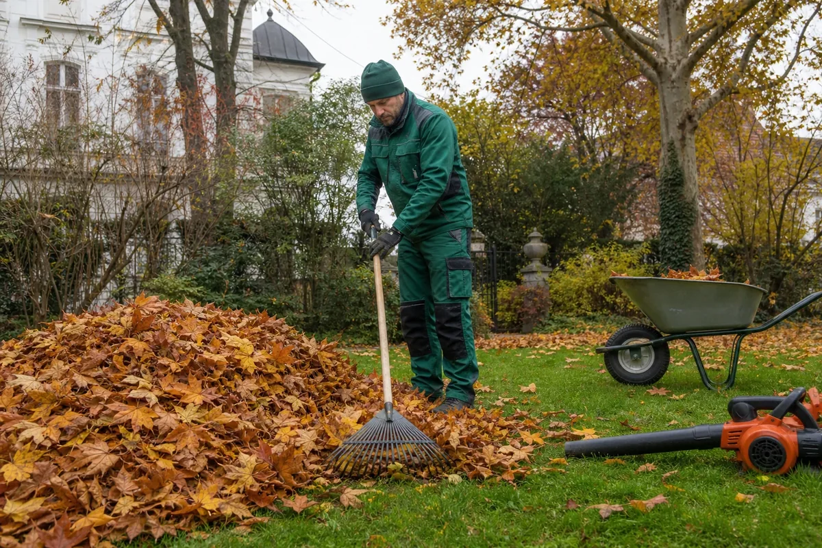 Gartenpflege Wien – Gärtner harkt Herbstlaub im Wiener Garten mit Schubkarre und Laubbläser