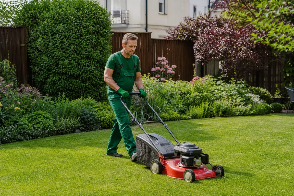 Gartenpflege Wien – Gärtner beim Rasenmähen mit rotem Rasenmäher in Wiener Einfamilienhaus-Garten