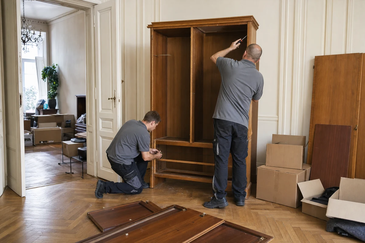 Wohnungsauflösung Wien – Monteure demontieren Schrank in Wiener Altbauwohnung