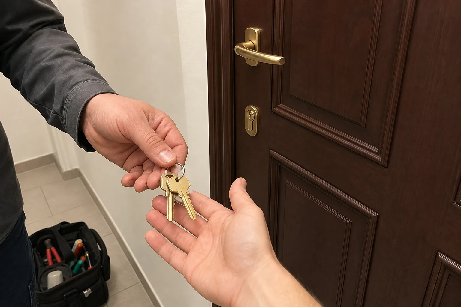 Techniker vom Aufsperrdienst Wien übergibt nach der Türöffnung zwei neue Schlüssel im Stiegenhaus